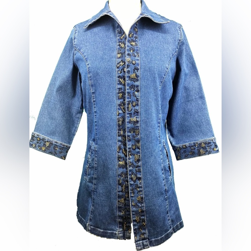 Leopard Print Open  3/4 Sleeve Denim Jacket
